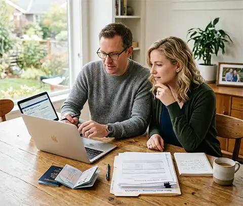 Americans reviewing visa options for moving to Spain with documents and passport