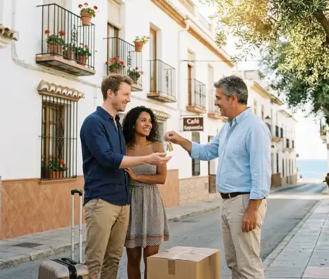 Couple renting apartment in Spain receiving keys from landlord